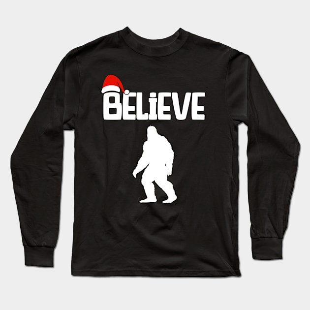 Funny Christmas Xmas Bigfoot Believe Sasquatch In Moon Light Long Sleeve T-Shirt by DesignergiftsCie